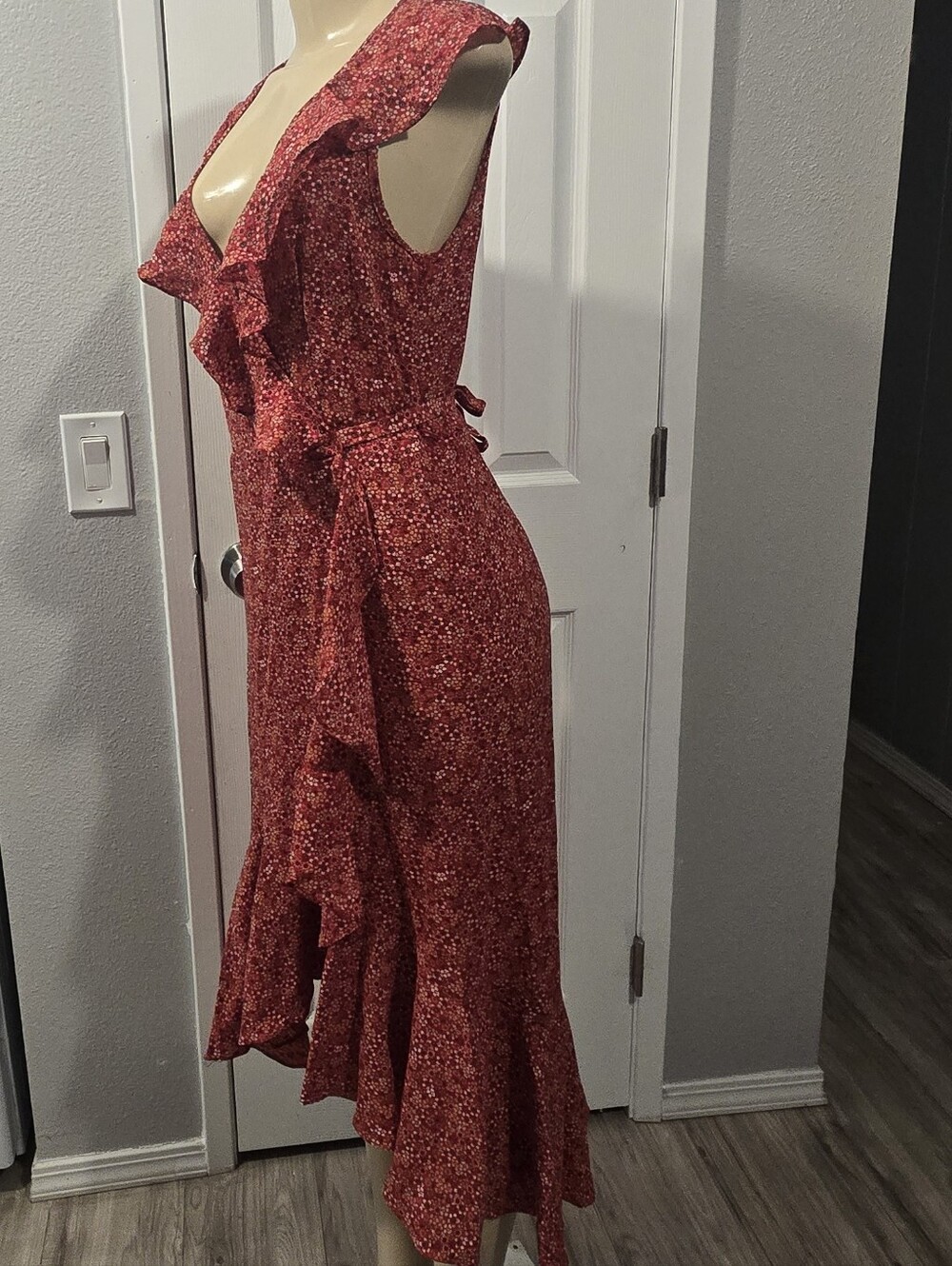 Max Studio Green Patterned Ruffle Wrap Maxi Dress Small Nwt